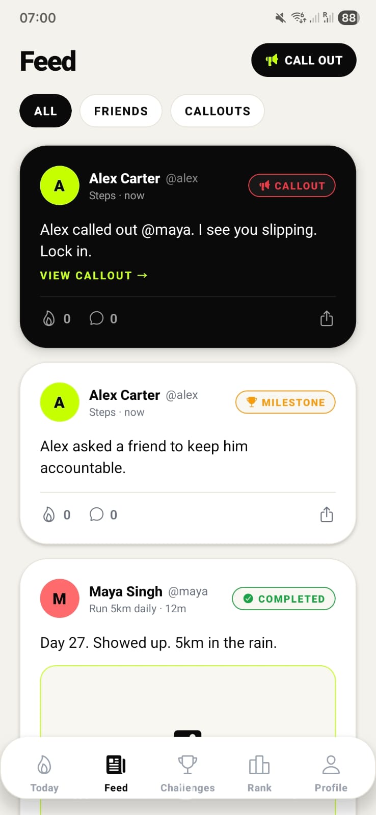 KOMIT feed showing a call-out, a milestone and a completed day
